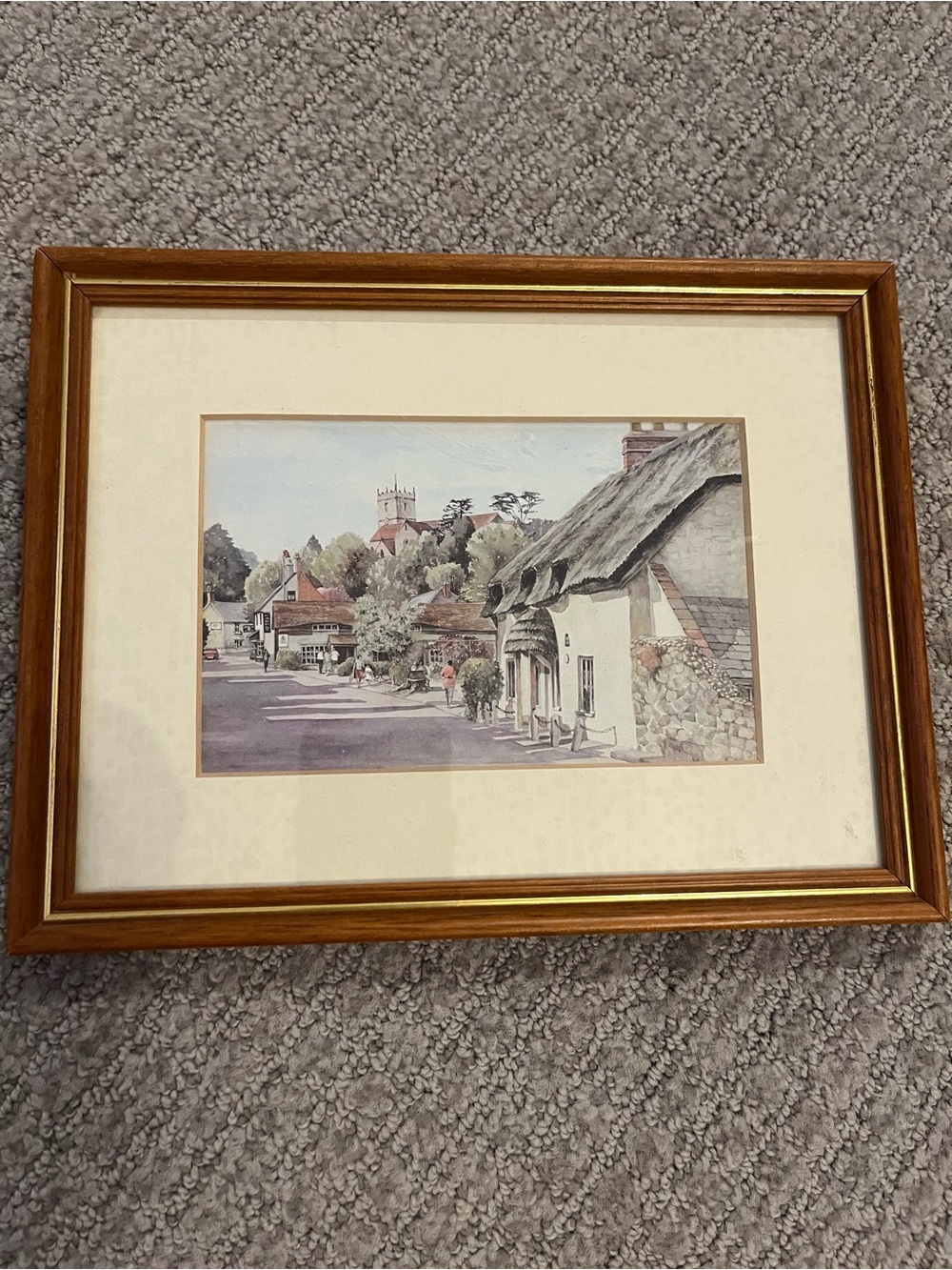 Vintage Framed Watercolour Print - English Countryside Village & Church